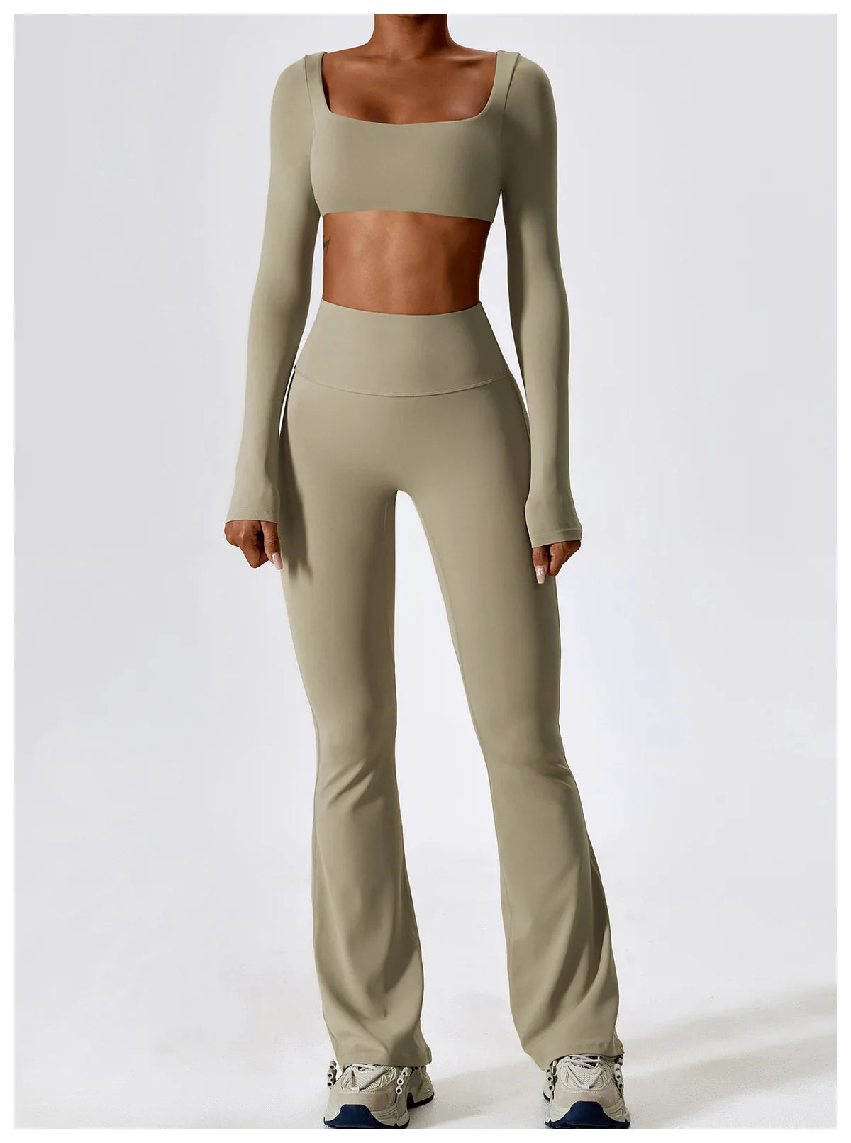 KiKis 2 piece workout set for women in beige with long sleeve crop top and high waist flare leggings