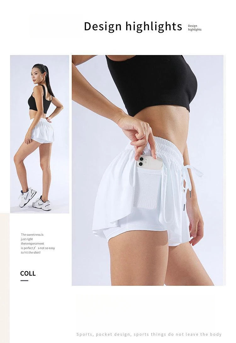 KiKis white yoga running skirt shorts for women featuring side pocket and comfortable fit