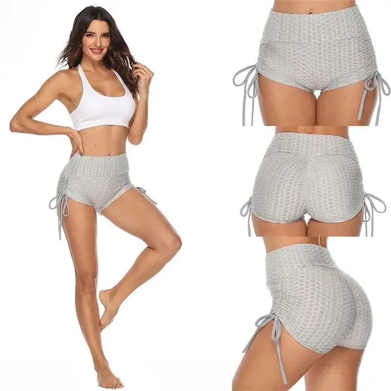 KiKis push up sport shorts women in light gray textured fabric with adjustable side ties