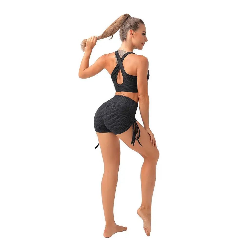 KiKis black push up sport shorts women with textured fabric and adjustable side ties