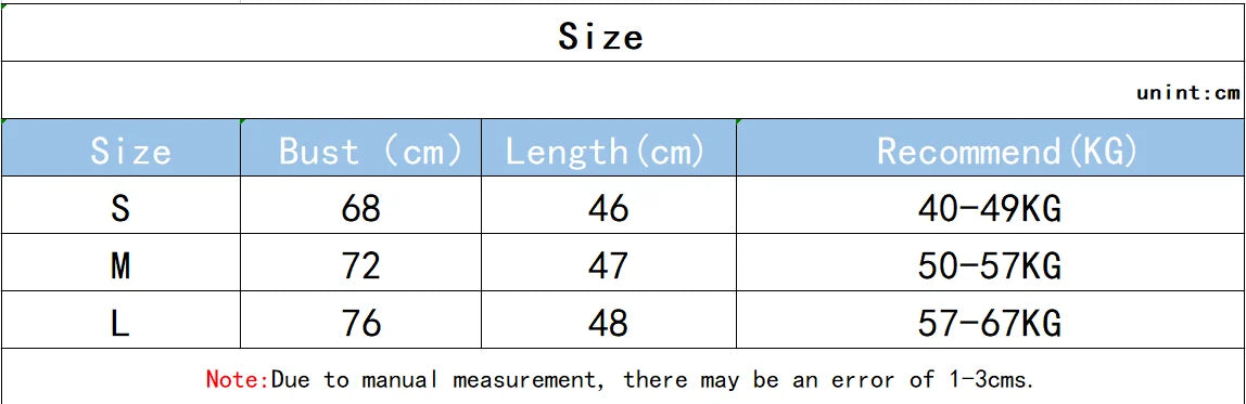 Size chart for KiKis halter neck sports bra for women showing bust, length, and recommended weight