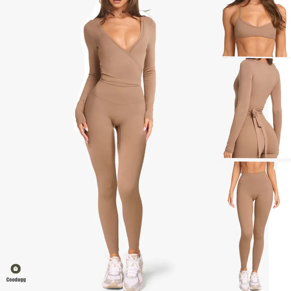 KiKis women's cross wrap yoga shirt in beige with long sleeves and matching high-waist leggings set