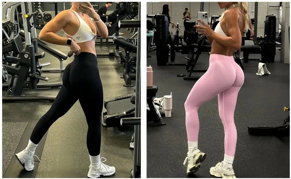 Women wearing KiKis Women Scrunch Butt Seamless Leggings in black and pink at gym workout