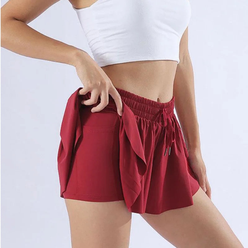 KiKis red yoga running skirt shorts for women with elastic waistband and drawstring