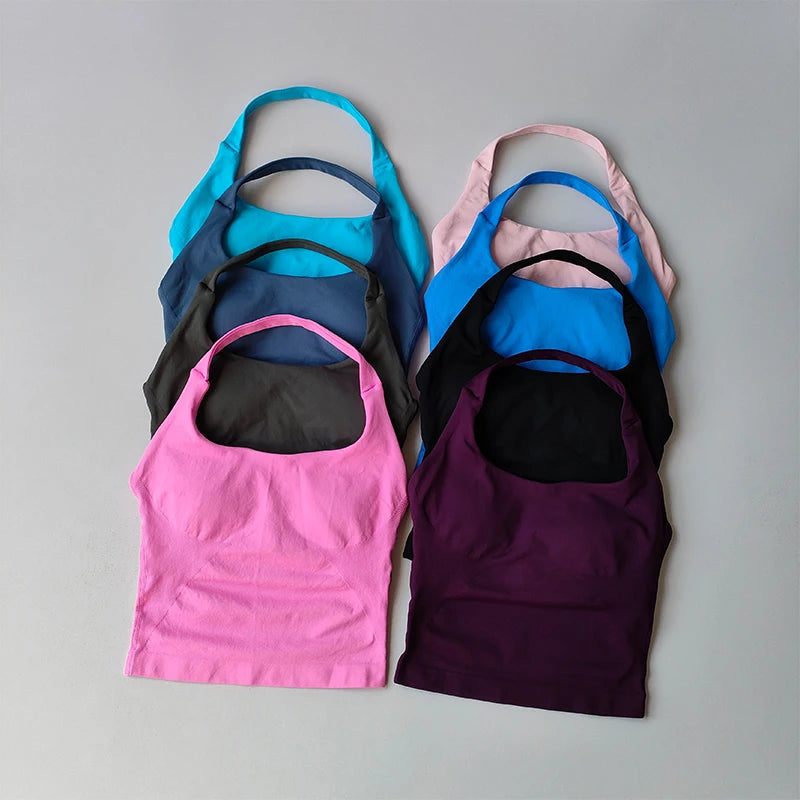 KiKis halter neck sports bra for women in various colors including pink, purple, black, blue, and teal