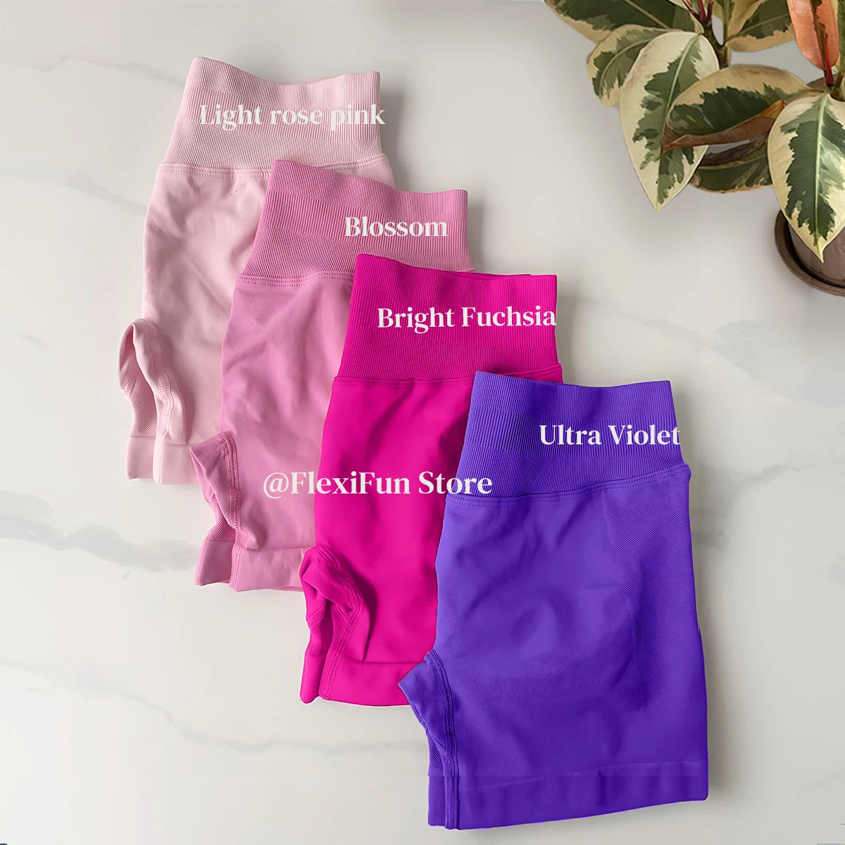 KiKis high waist gym shorts for women in Light rose pink, Blossom, Bright Fuchsia, and Ultra Violet colors