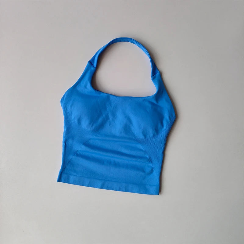 KiKis blue halter neck sports bra for women made from soft stretchy fabric