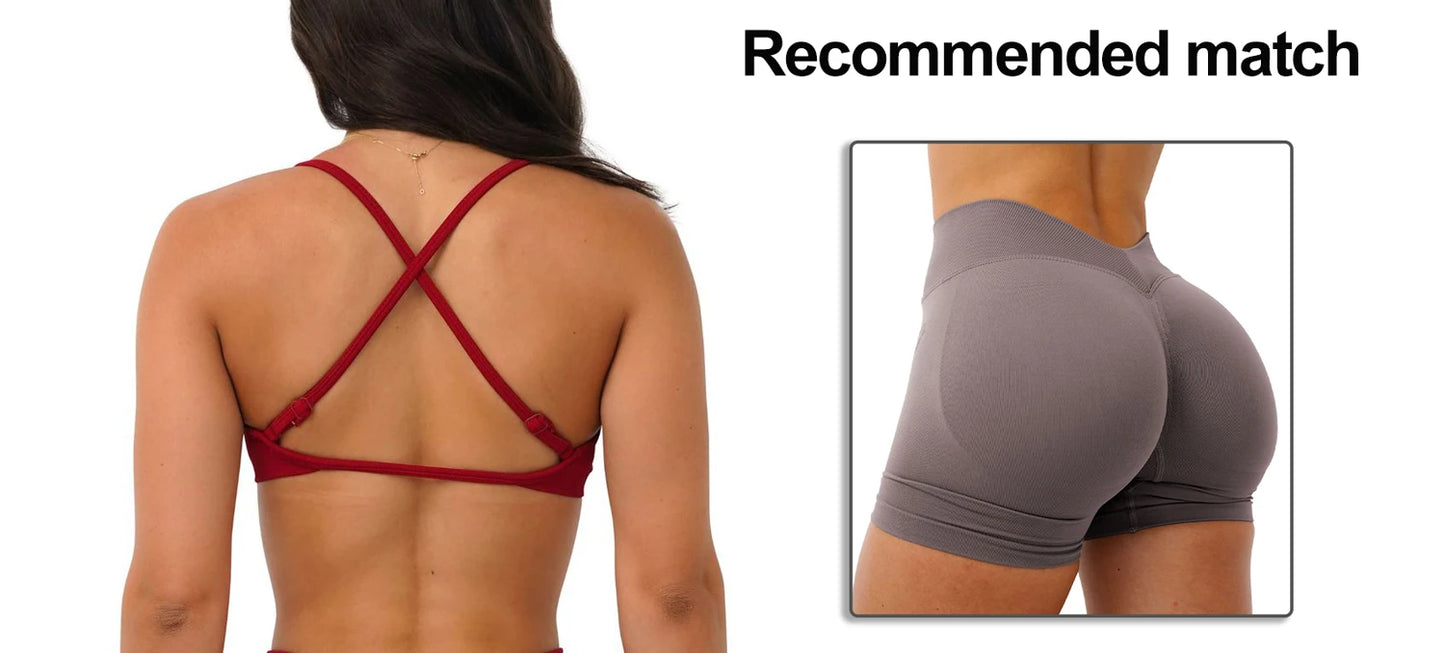 Back view of woman wearing red seamless sports bra for women with crisscross straps by KiKis