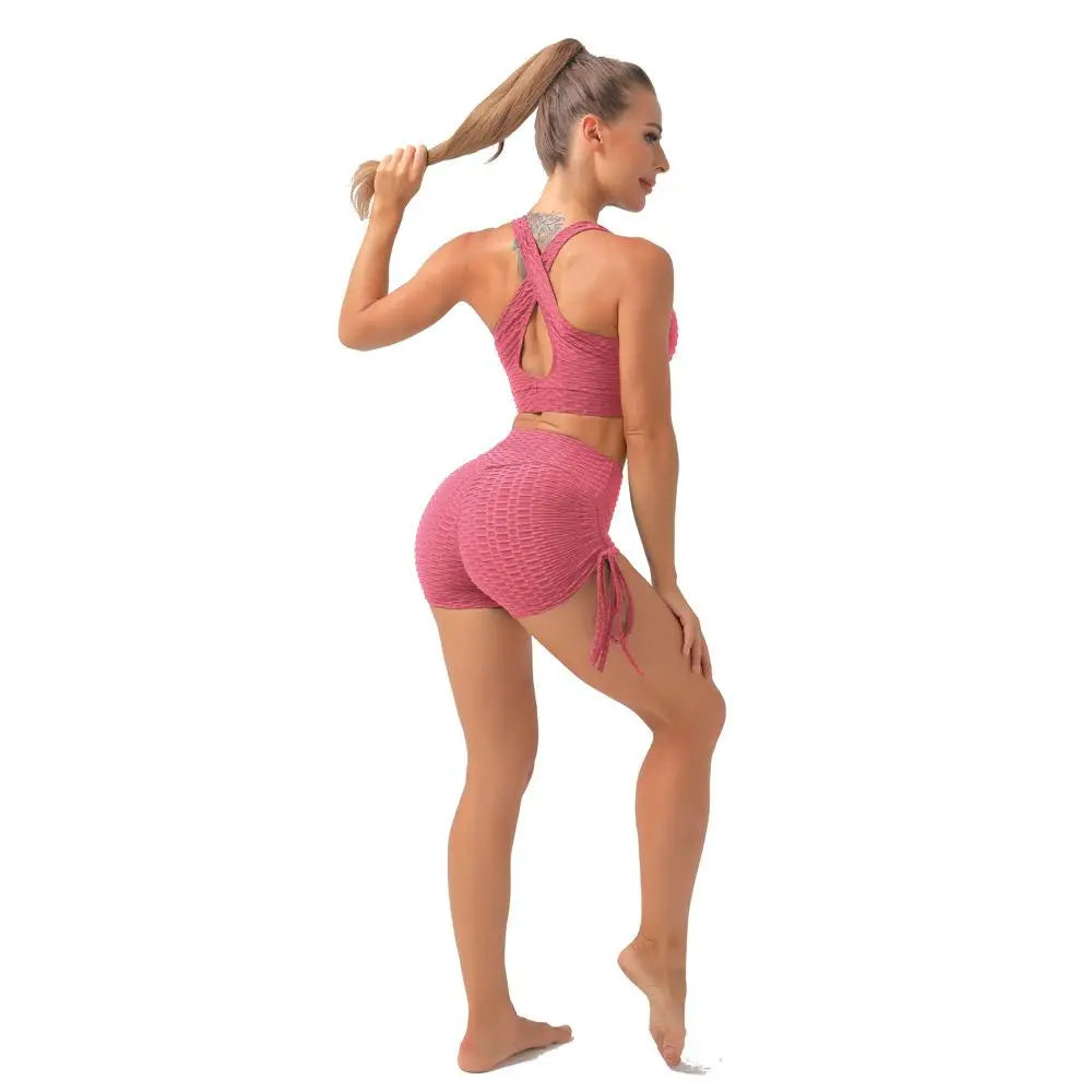 KiKis push up sport shorts women in pink textured fabric with high waist and side ties