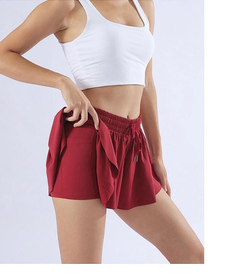 KiKis red yoga running skirt shorts for women with inner shorts and elastic waistband