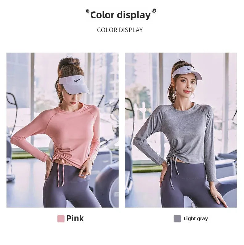 KiKis women's long sleeve yoga top in pink and light gray with side drawstring details