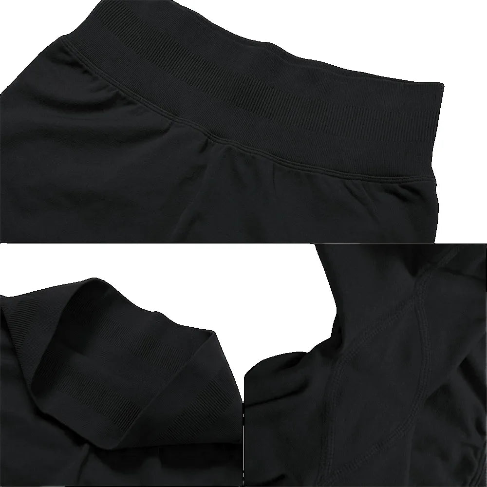 KiKis women's seamless gym set in black showing close-up details of waistband and fabric texture