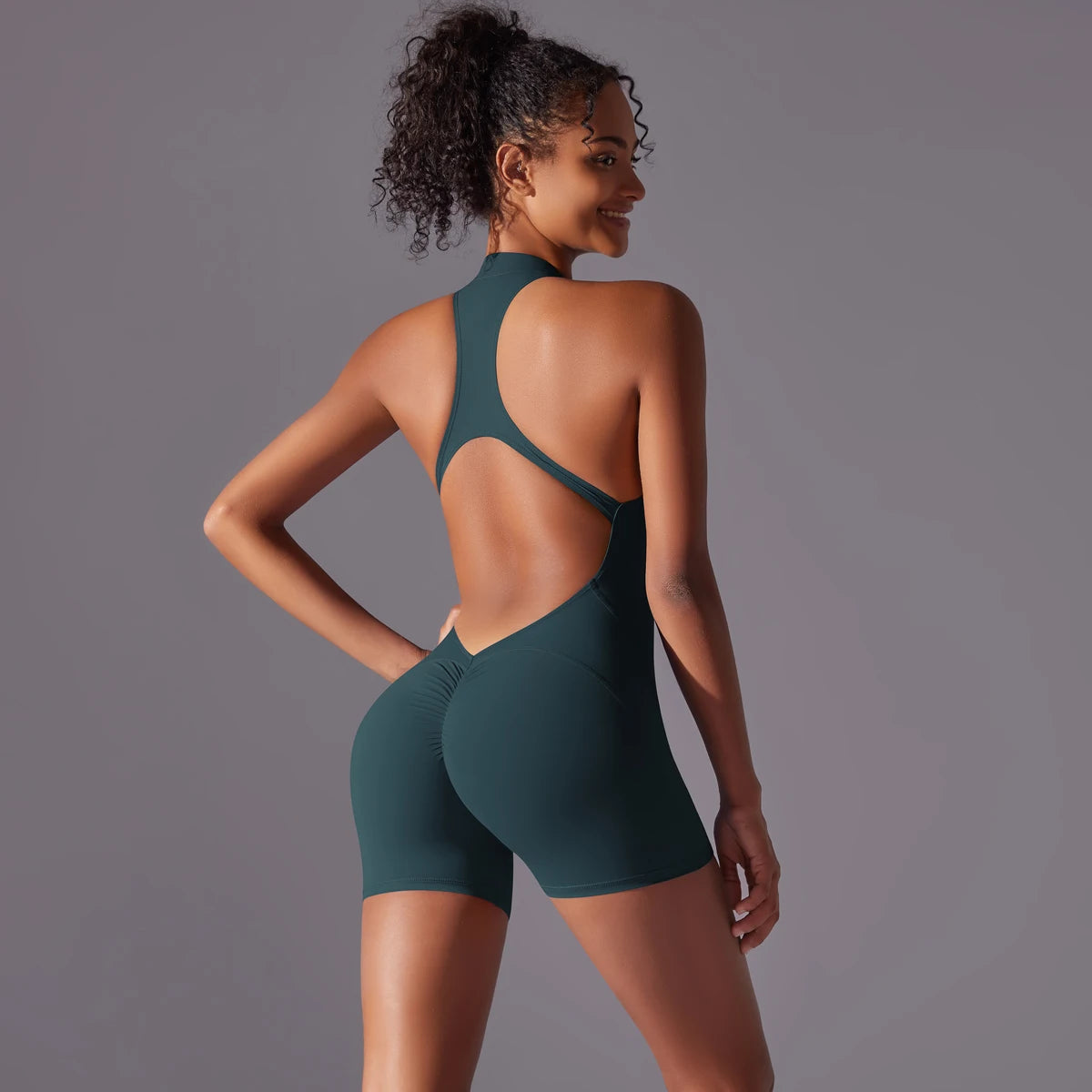 Backless Gym Bodysuit for Women with Zipper