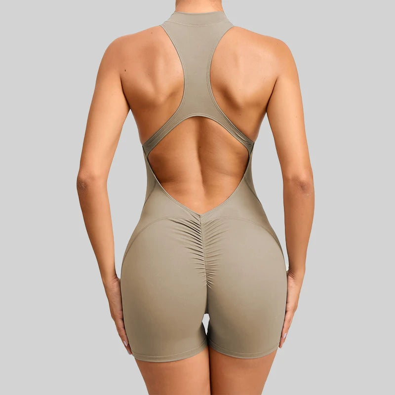 Sleeveless Workout Romper with Open Back Design