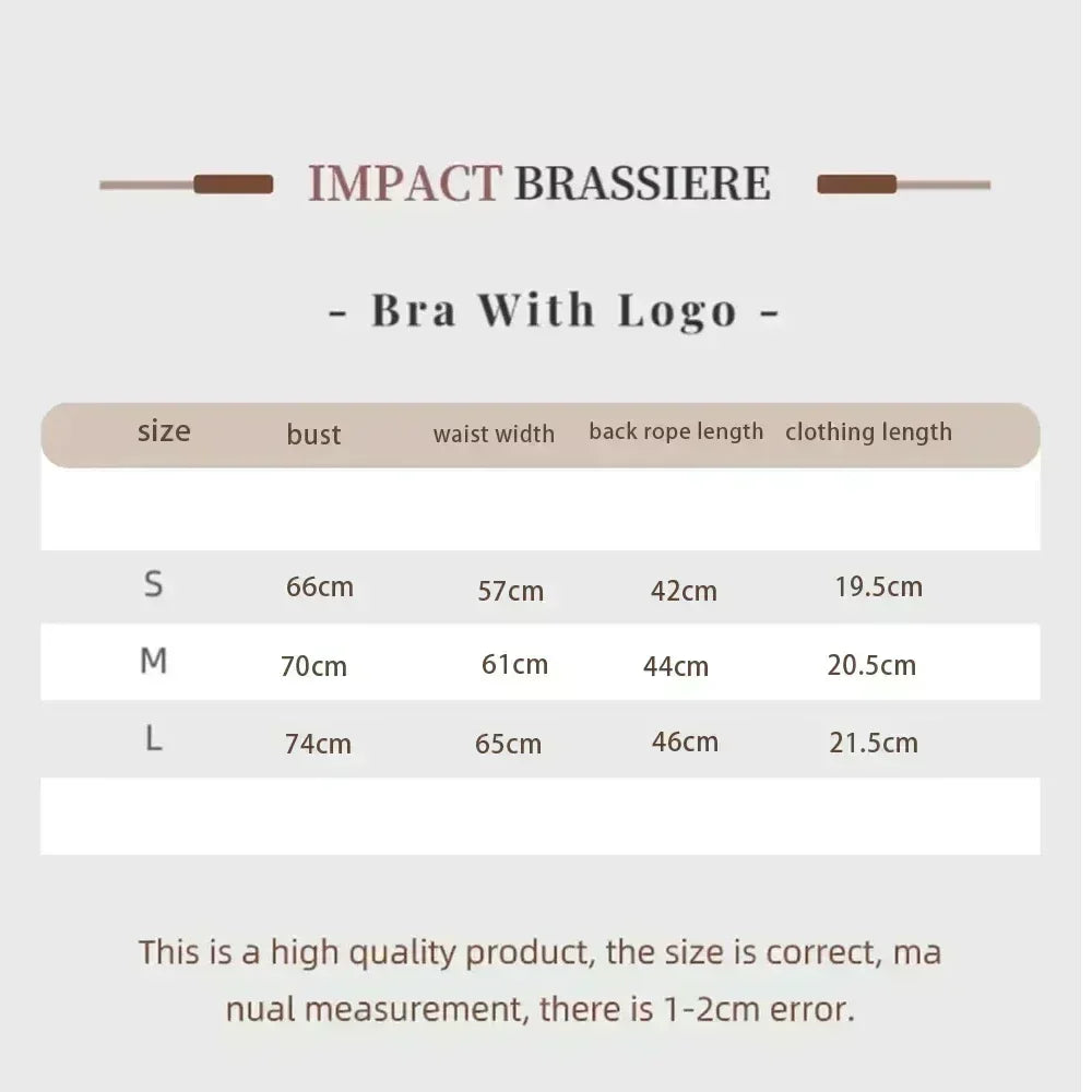 Size chart for KiKis women's seamless gym set bra with logo in sizes small, medium, and large