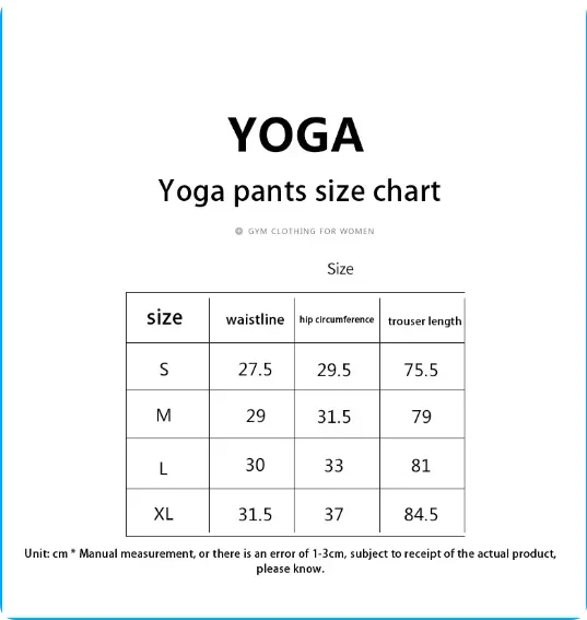 Yoga pants size chart with waistline hip circumference and trouser length measurements for women's seamless gym set