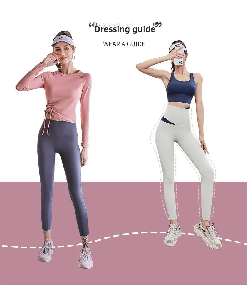 KiKis women's long sleeve yoga top in pink paired with high-waisted leggings shown on model