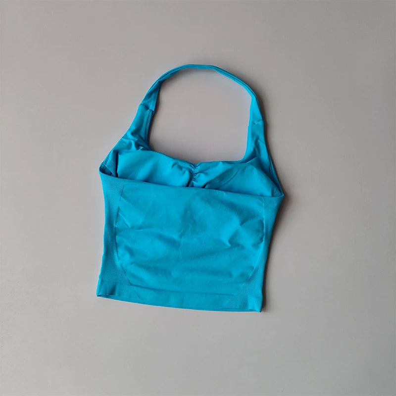 KiKis blue halter neck sports bra for women with smooth fabric and supportive fit