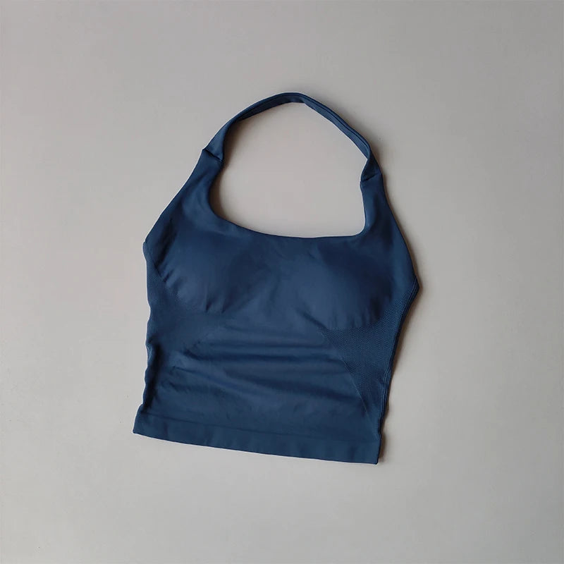 KiKis navy blue halter neck sports bra for women with seamless design and supportive fit