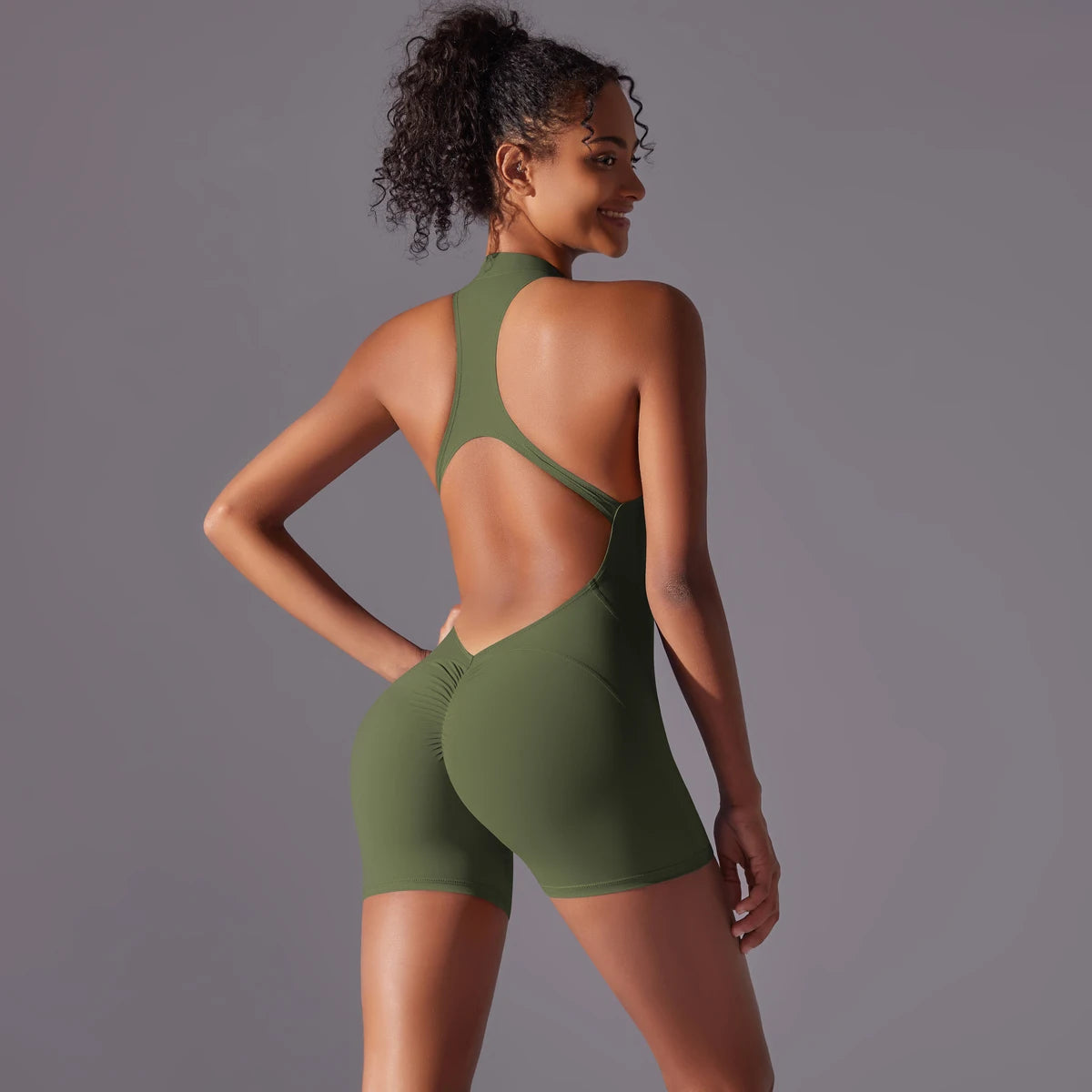 Backless Gym Bodysuit for Women with Zipper