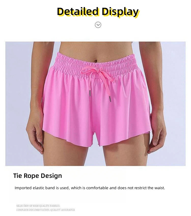 KiKis pink yoga running skirt shorts for women with elastic waistband and tie rope design