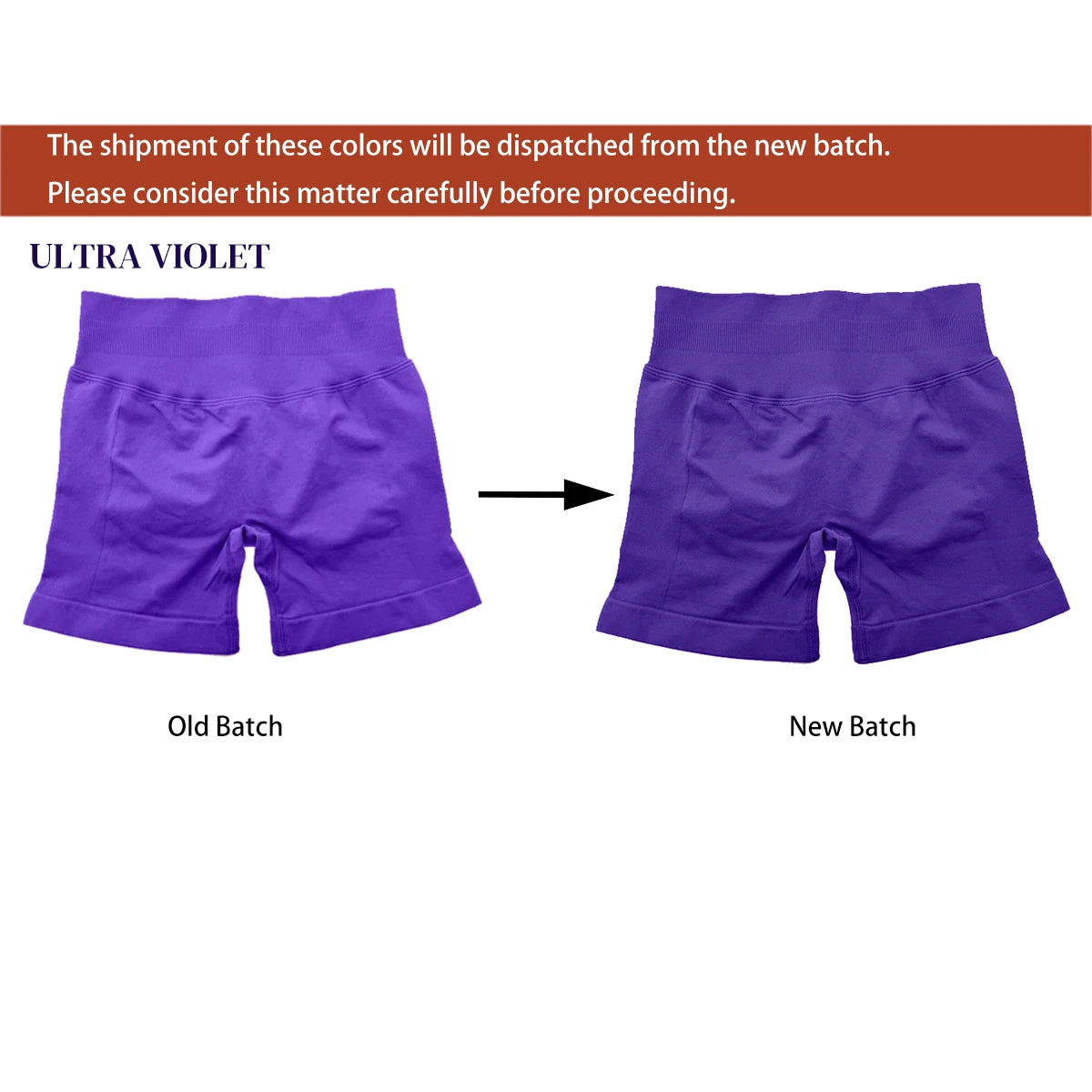 KiKis ultra violet high waist gym shorts for women showing old batch and new batch color difference