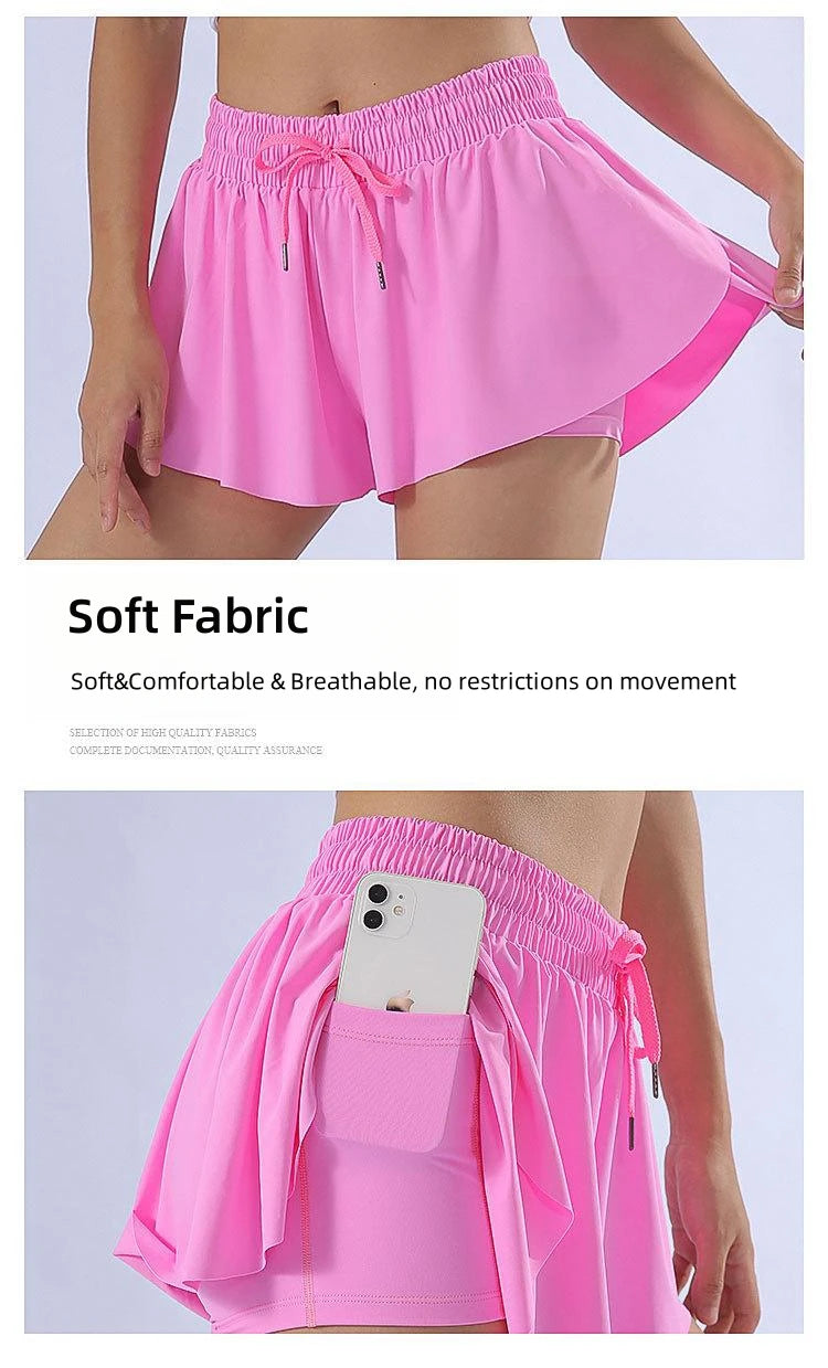 KiKis pink yoga running skirt shorts for women with soft fabric and side pocket for phone