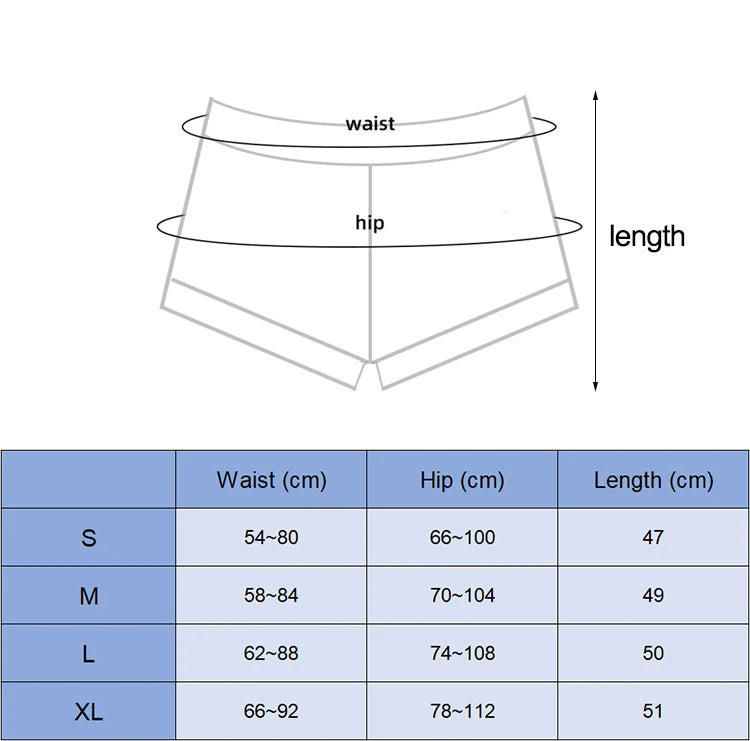 Size chart for Women's High Waist Cycling Shorts SOISOU Rib Fabric showing waist hip and length measurements in centimeters for sizes S to XL