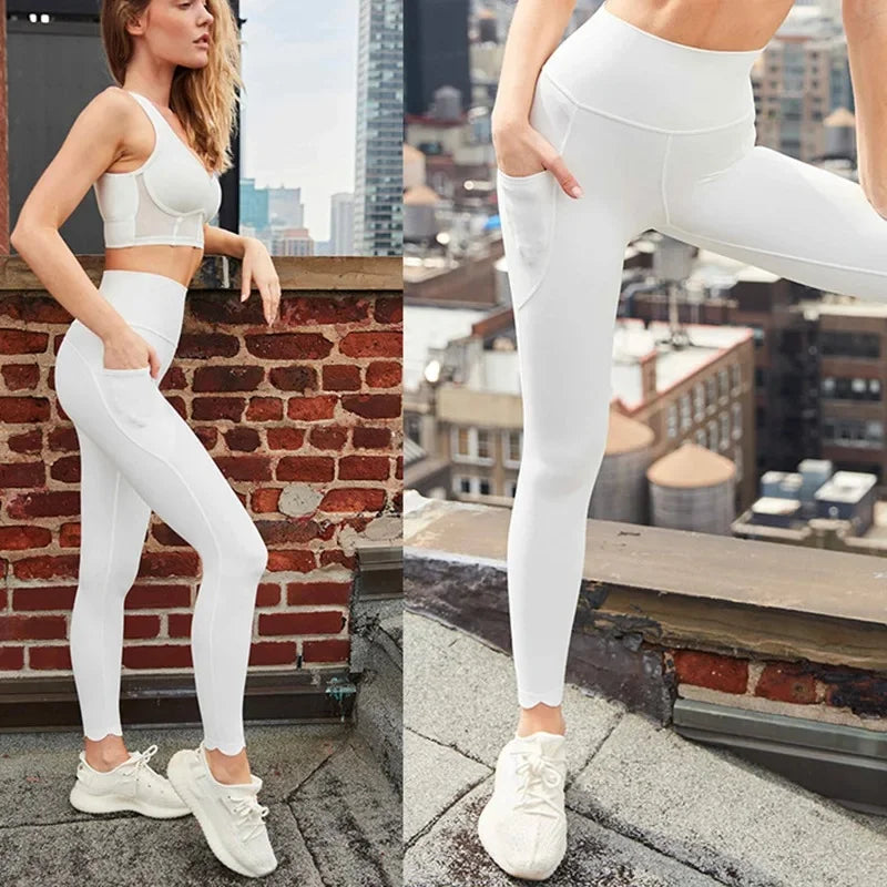 KiKis white high waist leggings and long sleeve lace back yoga top for stylish activewear