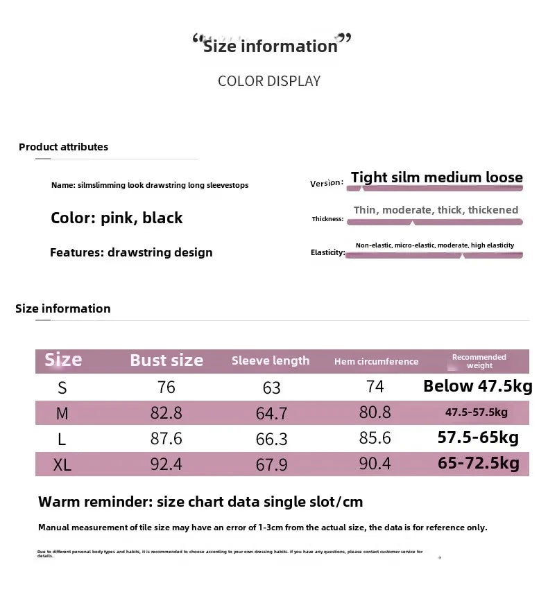 Size chart and product attributes for KiKis women's long sleeve yoga top with drawstring design in pink and black colors