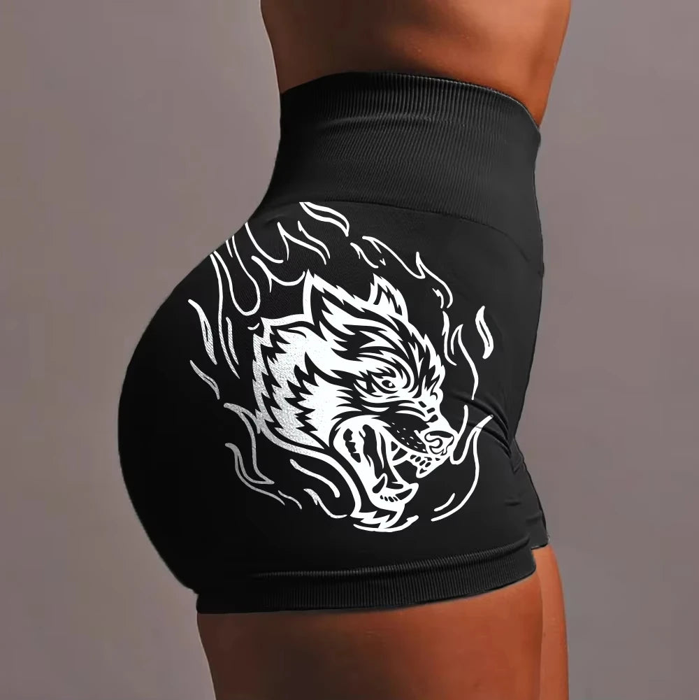 Women's Shorts Fitness Gym Stretch Pants Sportswear High-waisted Sportswear Women's Bodybuilding Fitness Yoga Shorts Wolf Print