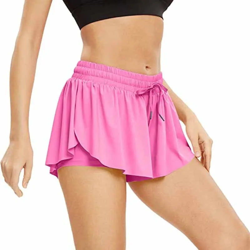 KiKis pink yoga running skirt shorts for women with elastic waistband and drawstring