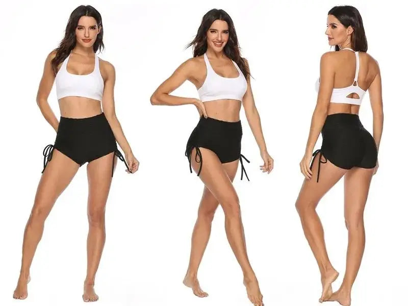 KiKis push up sport shorts women in black with side ties modeled from front, side, and back views