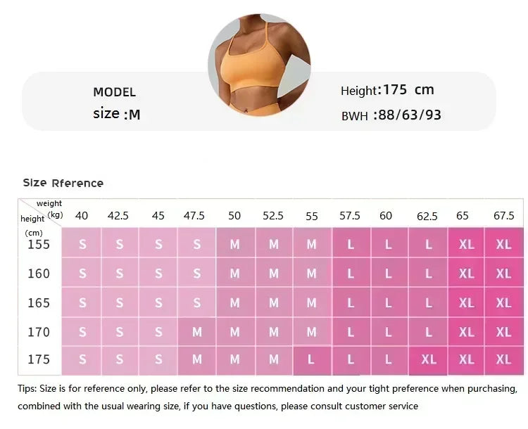 KiKis women's seamless gym set size chart with model details and size reference for weight and height