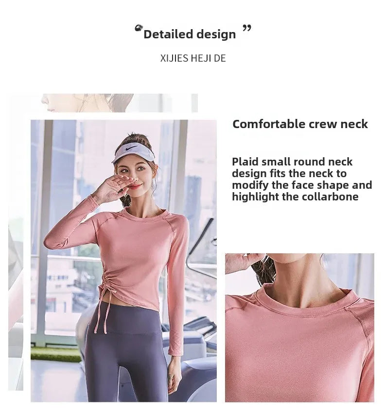 KiKis women's long sleeve yoga top in pink with comfortable crew neck and side ruching