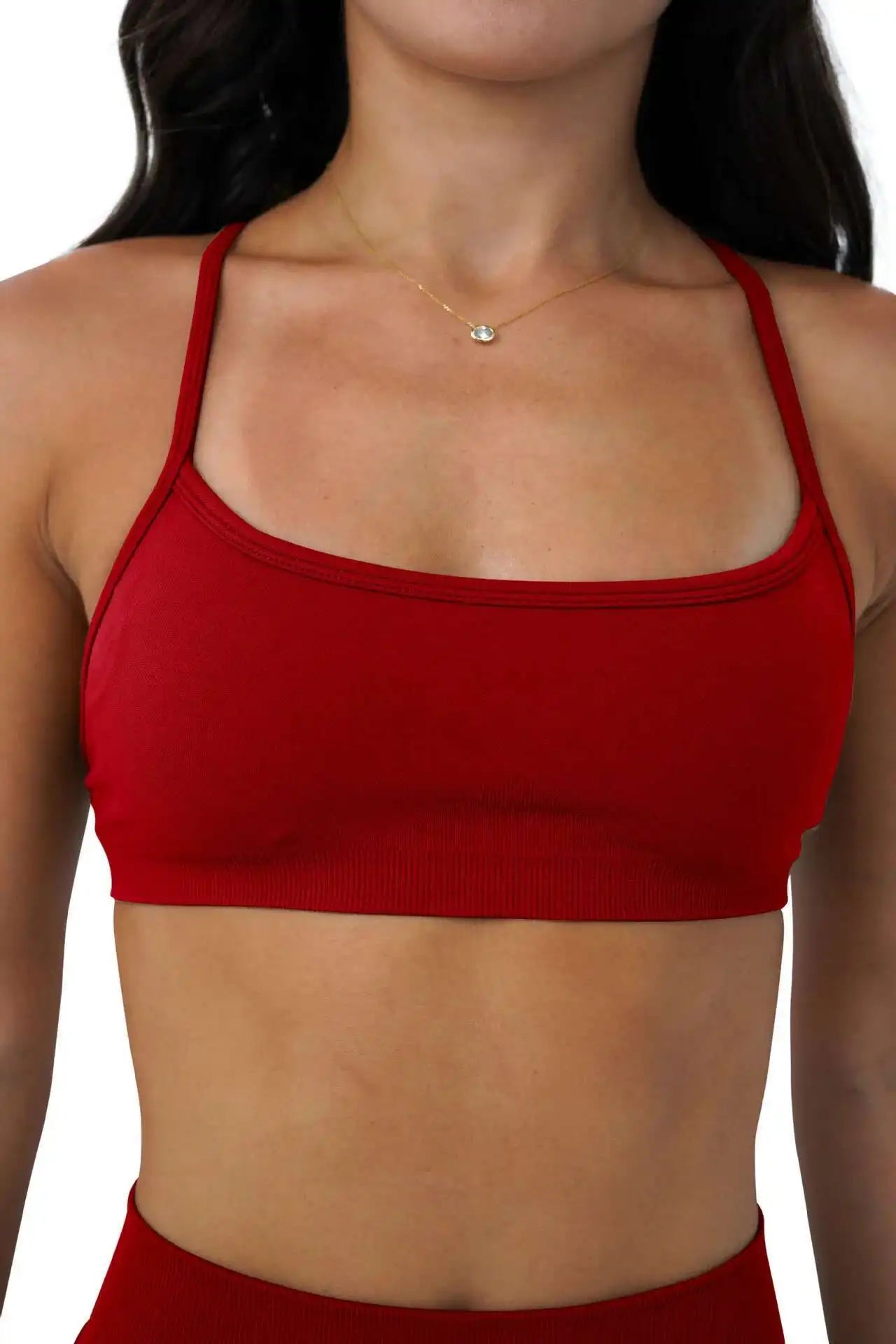 KiKis seamless sports bra for women in red with thin shoulder straps and square neckline