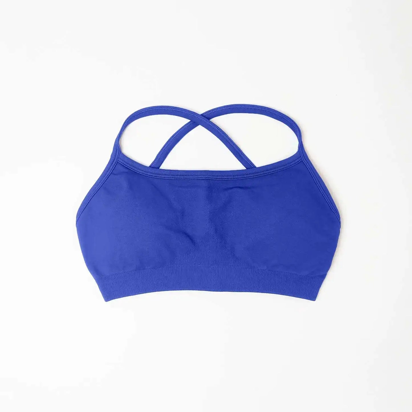 KiKis seamless sports bra for women in blue with crisscross straps and comfortable fit