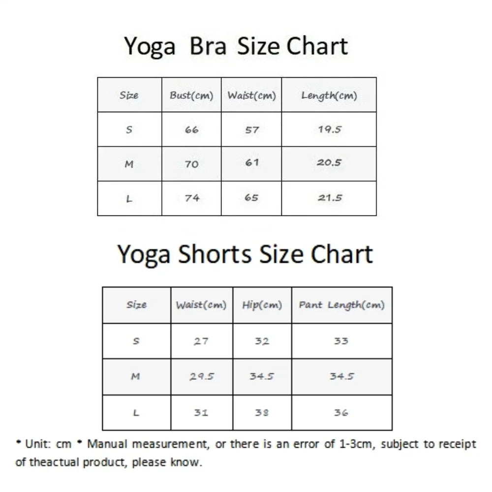KiKis women's seamless gym set size chart showing measurements for yoga bra and shorts in small, medium, and large
