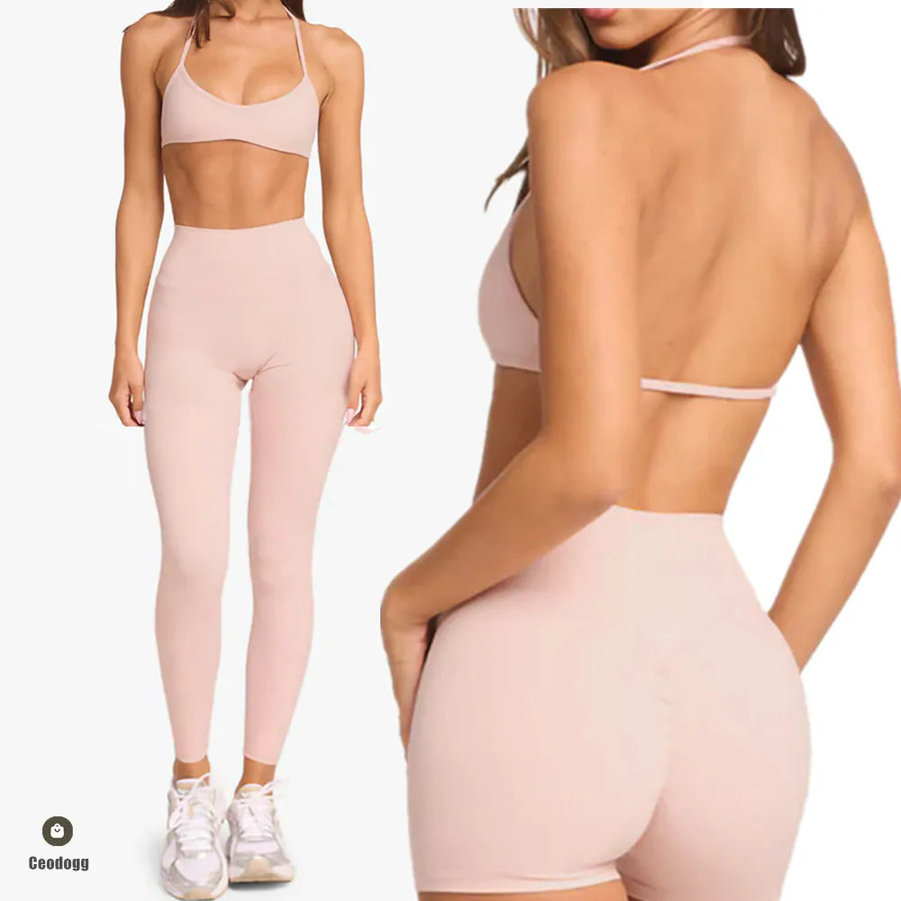 KiKis women's cross wrap yoga shirt in light pink shown front and back on model