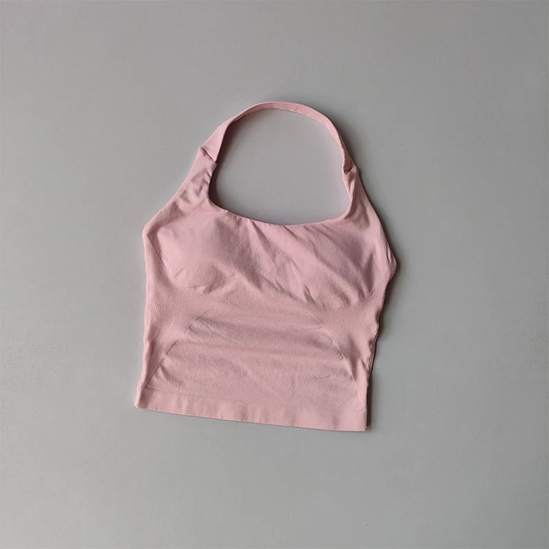 KiKis pink halter neck sports bra for women with soft fabric and seamless design