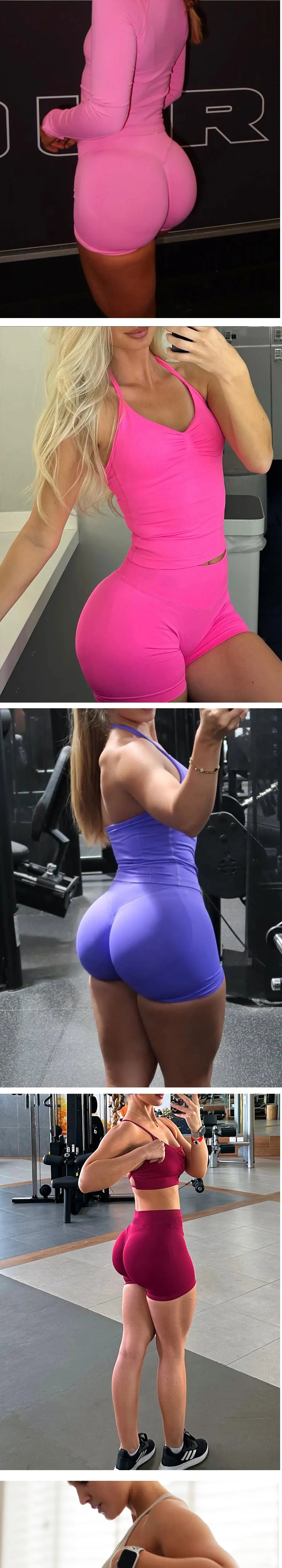 Women wearing colorful high waist gym shorts for women in pink purple and red at gym and casual settings