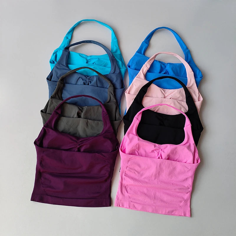 Colorful assortment of halter neck sports bra for women in blue, pink, black, and purple by KiKis