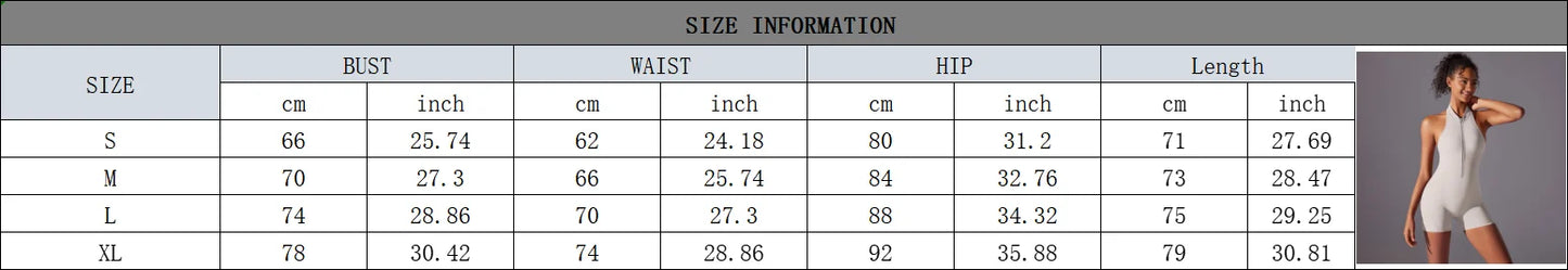 Backless gym bodysuit for women size chart showing bust waist hip and length measurements