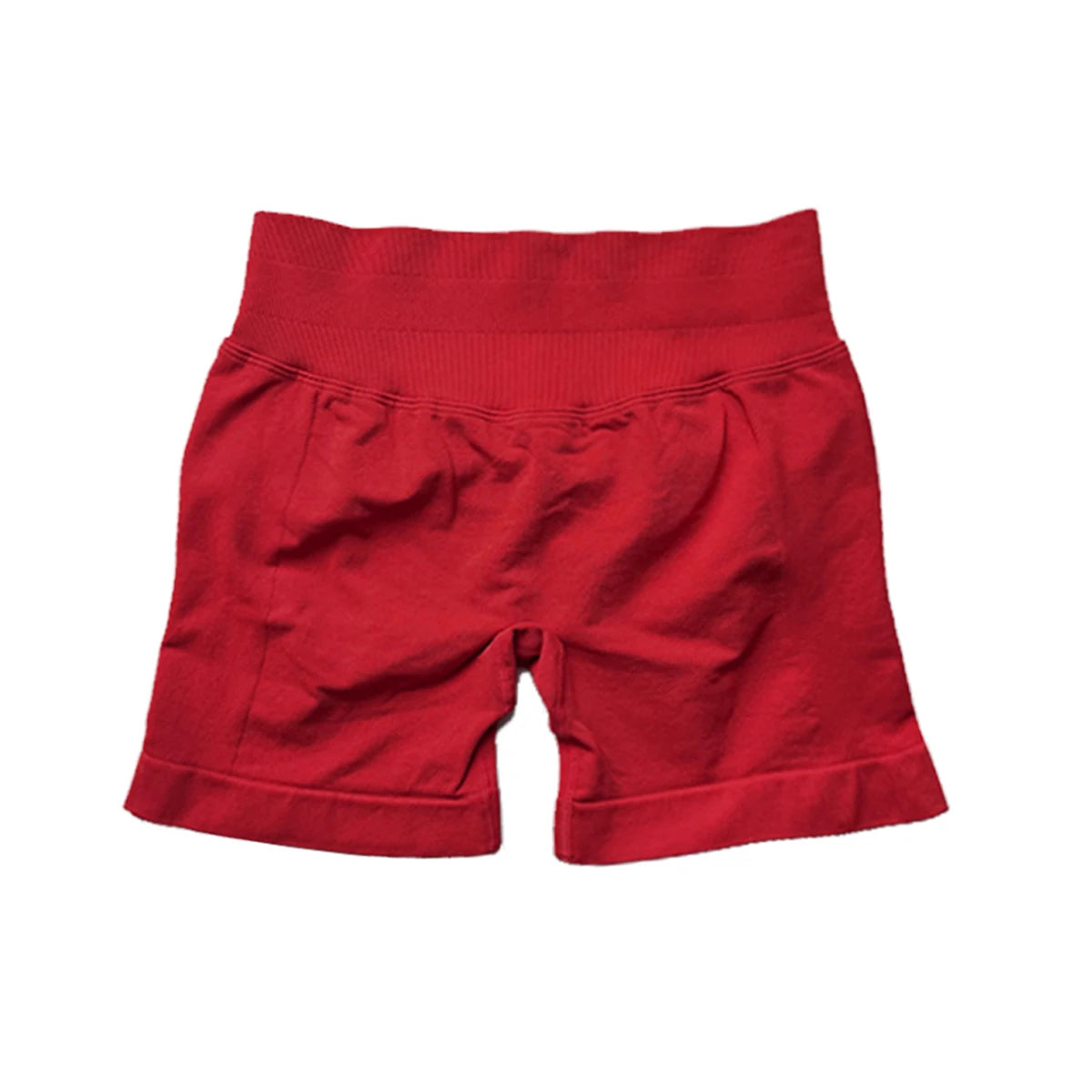 Red high waist gym shorts for women with wide elastic waistband and comfortable fit