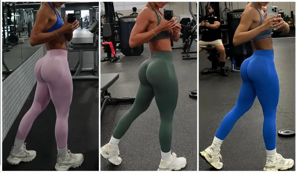Women Scrunch Butt Seamless Leggings in pink green and blue worn by fit women at the gym
