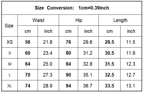 Size chart for KiKis push up sport shorts women showing waist, hip, and length measurements in cm and inches