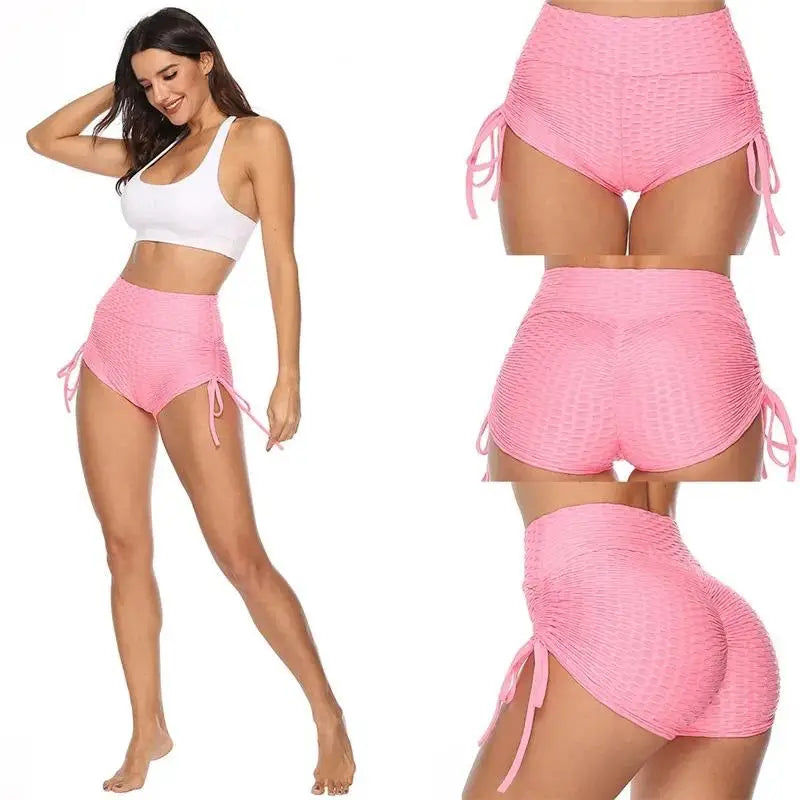 KiKis pink push up sport shorts women with ruched sides and textured fabric for active wear