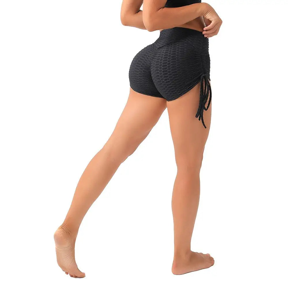 KiKis black push up sport shorts women with textured fabric and side drawstring detail