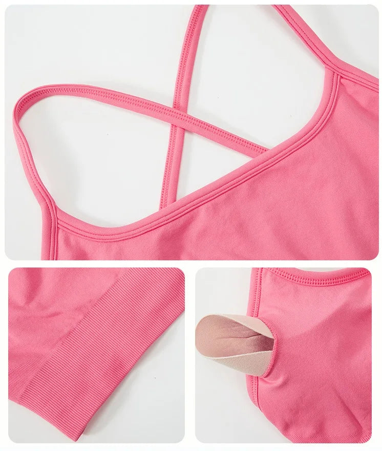Close-up details of pink women's seamless gym set showing straps, fabric texture, and removable padding