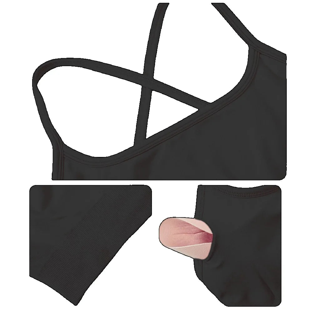 Close-up details of black women's seamless gym set showing straps and fabric texture by KiKis